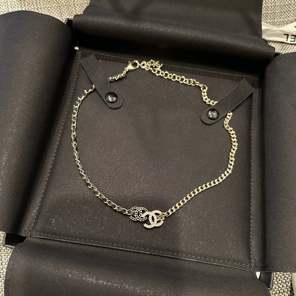 Chanel Double CC Chain Choker Necklace Metal with Leather and Crystals - Picture 1 of 4